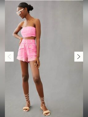 NWT, Maeve Easy Short Set by Anthropologie, pink embroidered gold detail, small